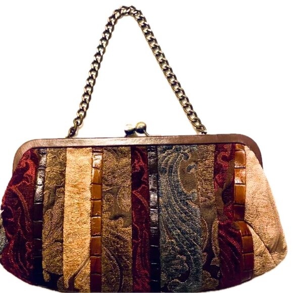 Fossil Boucle Tapestry HandBag Brass Chain Strap Kiss Lock Croc Embossed Trim - Picture 5 of 8